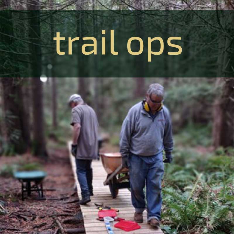 Link box image shows people working on building a boardwalk; text says "trail ops"
