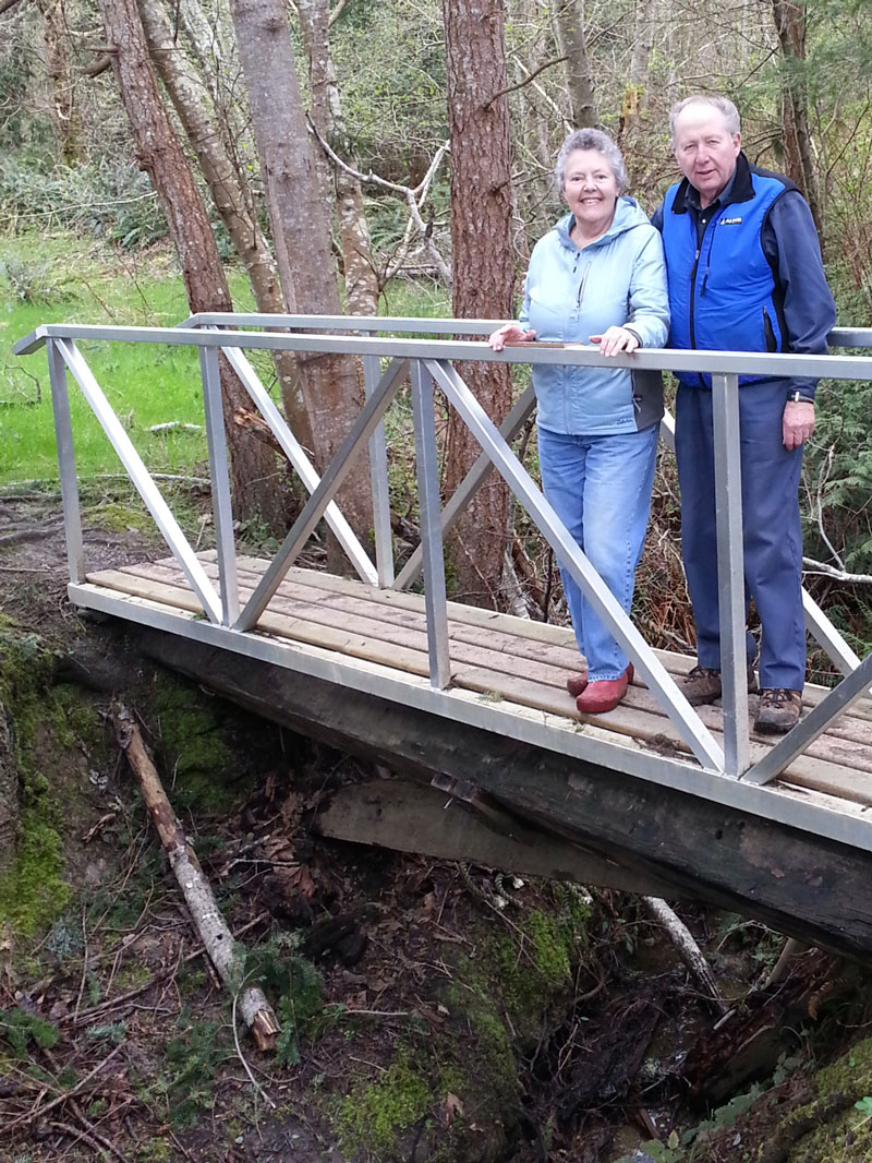 Two people standing on a wood and metal footbridge.