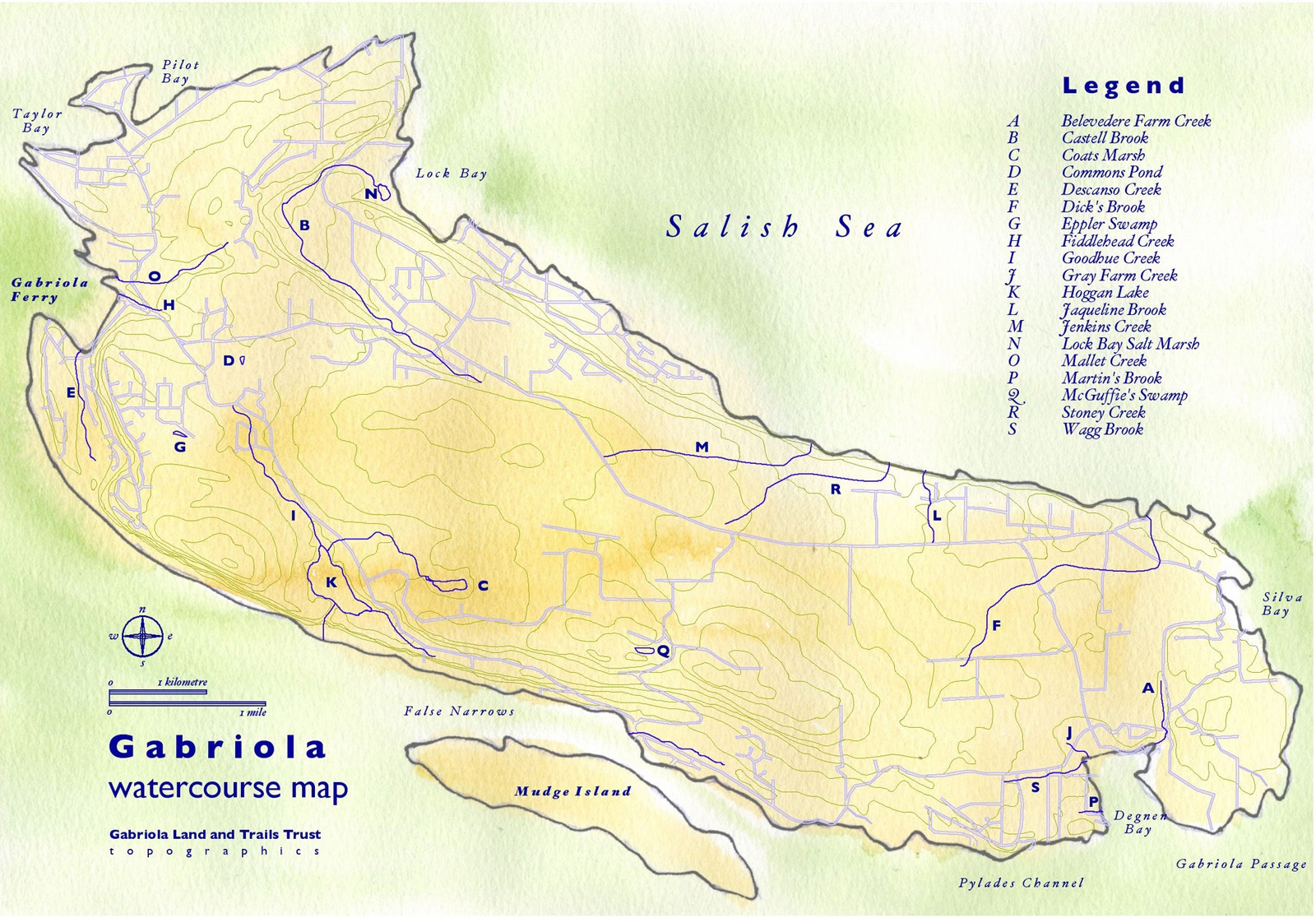 Illustrated map of Gabriola Island with waterways made distinct.