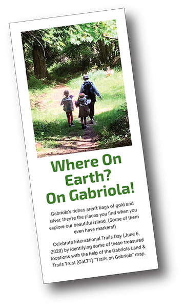cover of brochure: picture of woman and kids on a trail, title is "Where on earth? On Gabriola!"