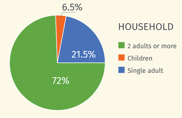 A pie chart shows makeup of households: 72% 2 adults or more, 21.5% single adult, 6.5% children