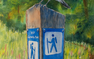 A watercolour painting of a robin sitting on a directional post. The signs show a hiking icon and are labeled "707 Community Park—Welcome."