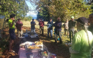A group of people in a park stand around tables with food plates, listening to a speaker.