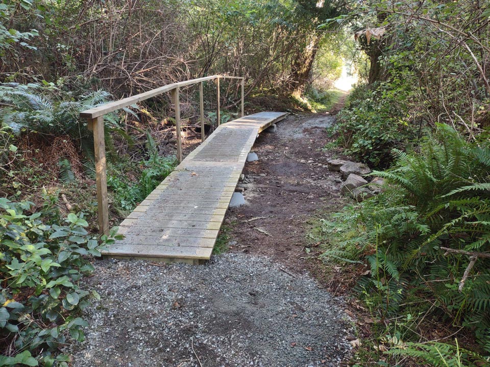 A newly repaired boardwalk bridge now has a railing and stands well above a dry creekbed.