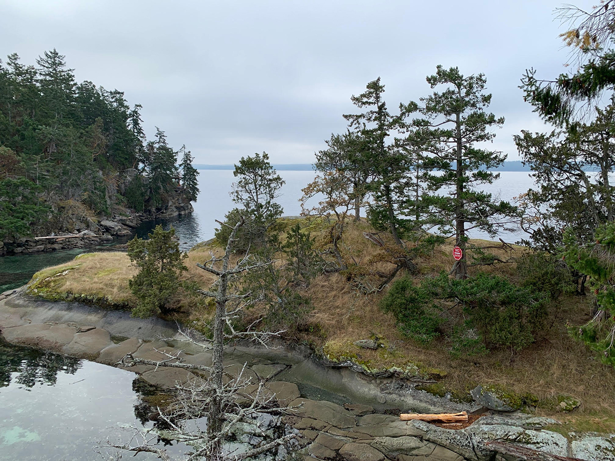 A view looking at a tiny gulf islands islet. There is a narrow passage between it and another island, and a "no entry" red warning sign is posted on a tree.