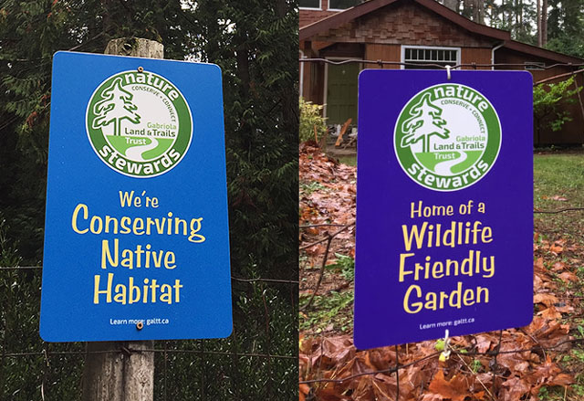 Two photos of signs. One is the Nature Stewards logo, with text below that says "We're Conserving Native Habitat" on a blue background. The other says "Home of a Wildlife Friendly Garden" on a purple background.
