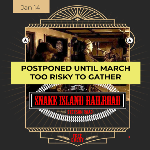 Image shows a poster promoting a "Triumph Gabriola" event celebrating GaLTT and the Gabriola Lions, but over the poster is a box with the words "postponed until March, too risky to gather".