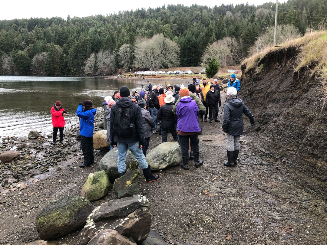 A large group of people stand next to an eroded bank at the edge of the ocean, listening to someone talk about its geology.