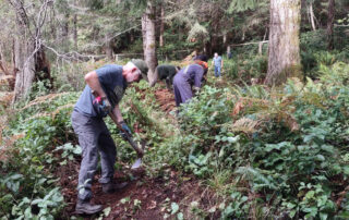 A photo shows people working with tools to construct a trail. In the forested background there is a fence with a break in it.