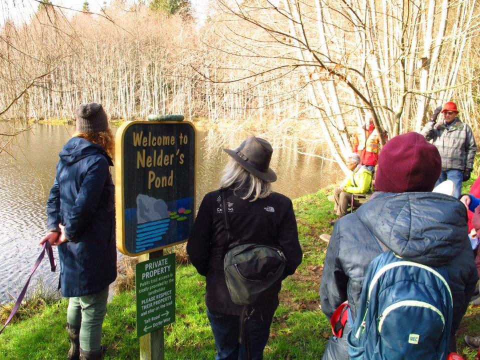 A group of people stand beside a pond on a beautiful sunny winter day. The pond is lined with bare trees. A carved sign in the foreground says, "Welcome to Nelder's Pond."
