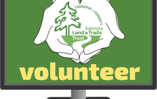 An illustrative graphic shows an image on a computer monitor. The image is of hands cradling the Gabriola Land & Trails Trust logo above the word "volunteer."